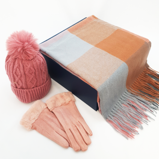 Ladies Scarf, Hat & Gloves in Luxury Gift Box - Pink & Grey