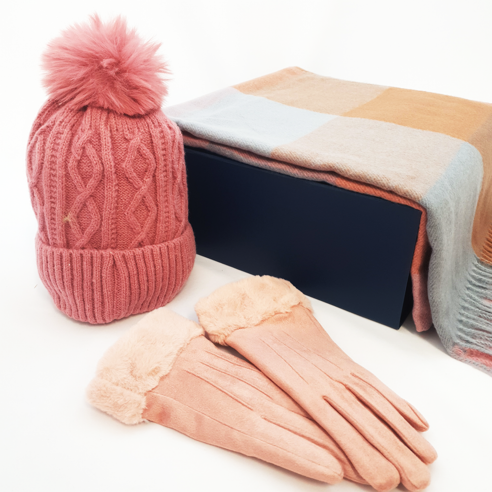 Ladies Scarf, Hat & Gloves in Luxury Gift Box - Pink & Grey