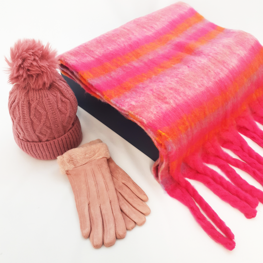 Ladies Scarf, Hat & Gloves in Luxury Gift Box - Bright Pink