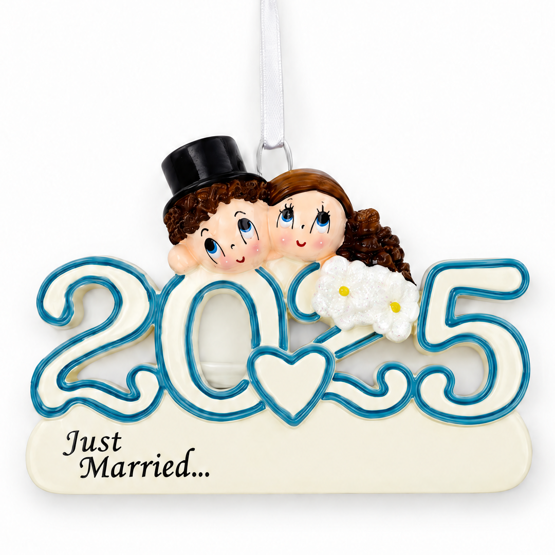 A personalized wedding ornament featuring a cartoon bride and groom couple with the year '205' and the text 'Just Married.