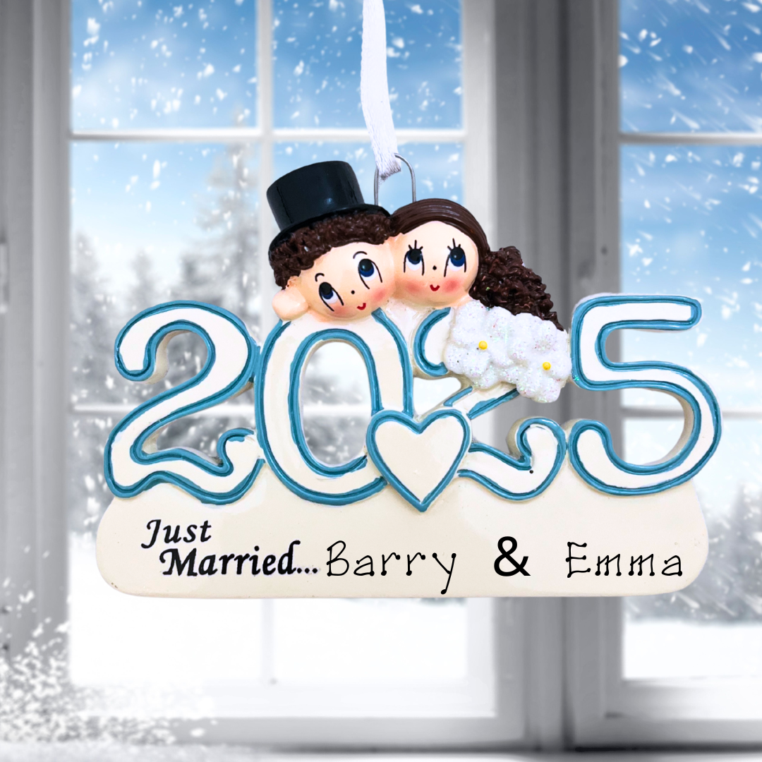 Decorative sign with '2025' and cartoon characters, against a snowy window background.