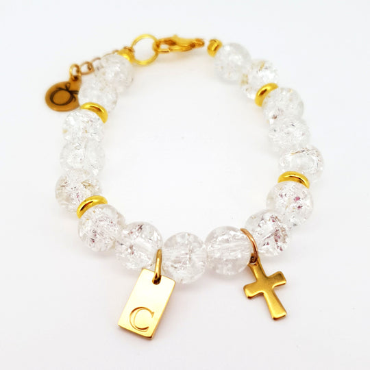 Personalised Communion Bracelet - Crackle Glass Beads & Gold