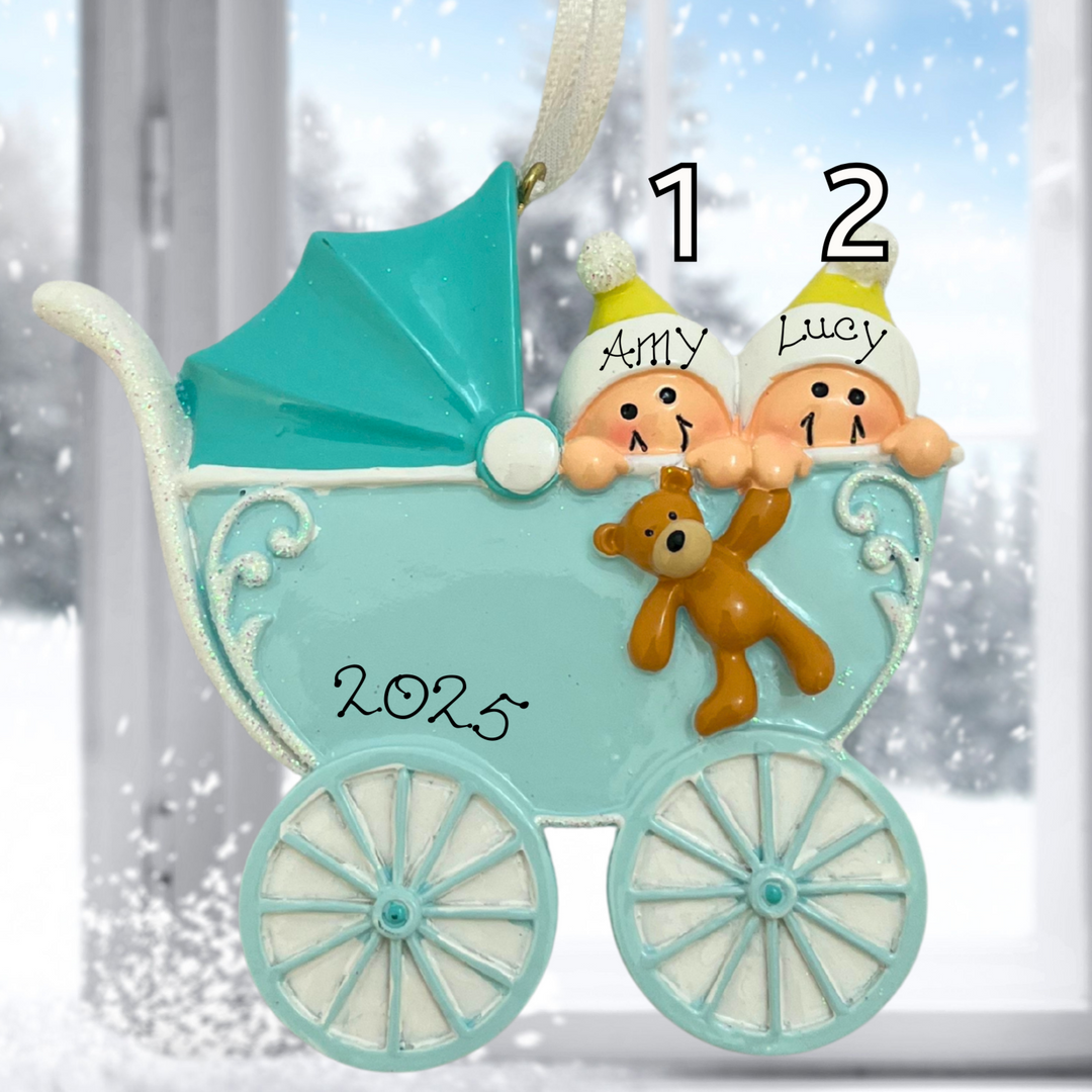 Personalised Twin Baby Carriage Ornament - NEW