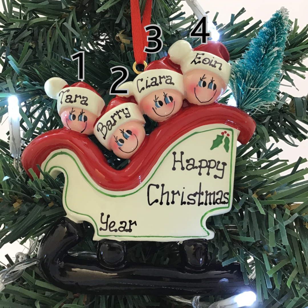 Personalised Christmas Ornament - Sleigh Family of 4 with Tree