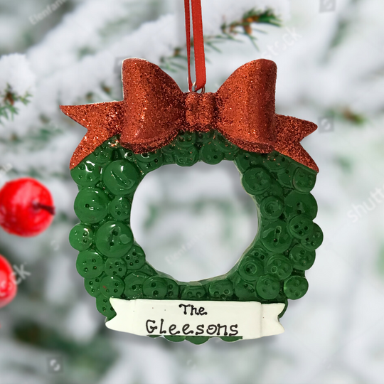 Personalised Christmas Ornament - Green Wreath with Bow NEW