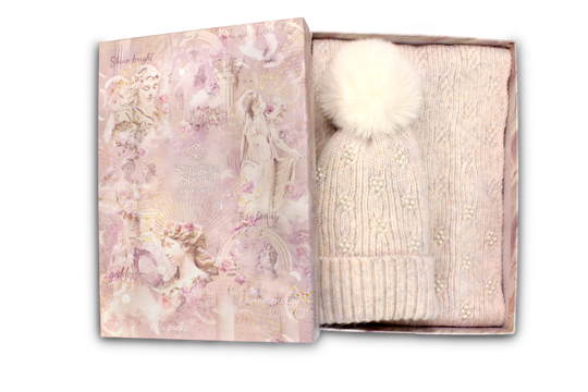 Ladies Pearl Knit Hat & Scarf Set in Luxury Gift Box - Beige