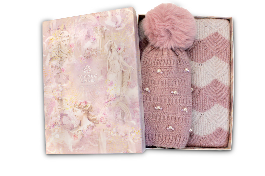 Ladies Pearl Knit Hat & Scarf Set in Luxury Gift Box - Muted Mauve