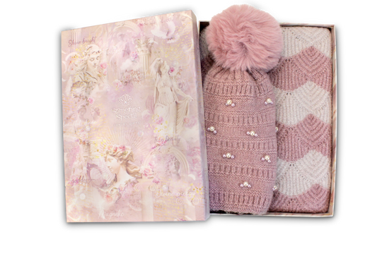 Ladies Pearl Knit Hat & Scarf Set in Luxury Gift Box - Muted Mauve