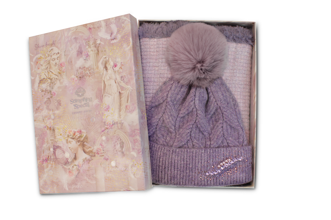 Ladies Knit Hat & Reversible Snood Set in Luxury Gift Box - Purple Wisteria