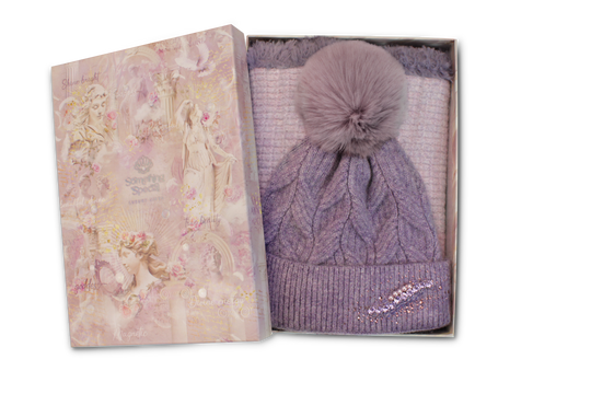 Ladies Knit Hat & Reversible Snood Set in Luxury Gift Box - Purple Wisteria