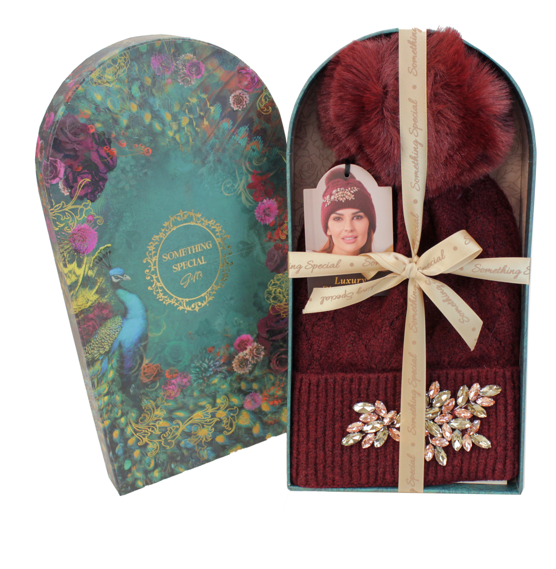 Ladies Diamante Hat in Luxury Gift Box - Burgundy