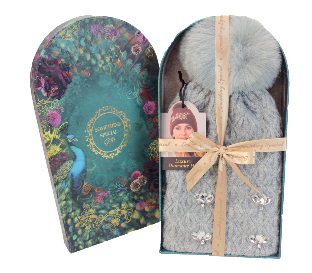 Ladies Diamante Hat in Luxury Gift Box - Grey