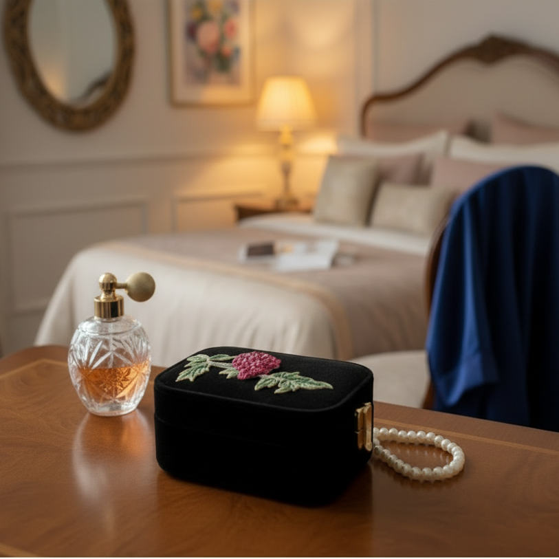 Luxury Velvet Jewellery Box - Black & Beaded Floral