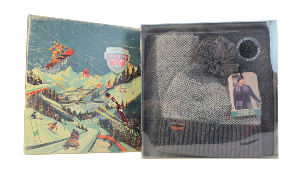 Men's Knitted Hat & Scarf Set in Gift Box - Grey