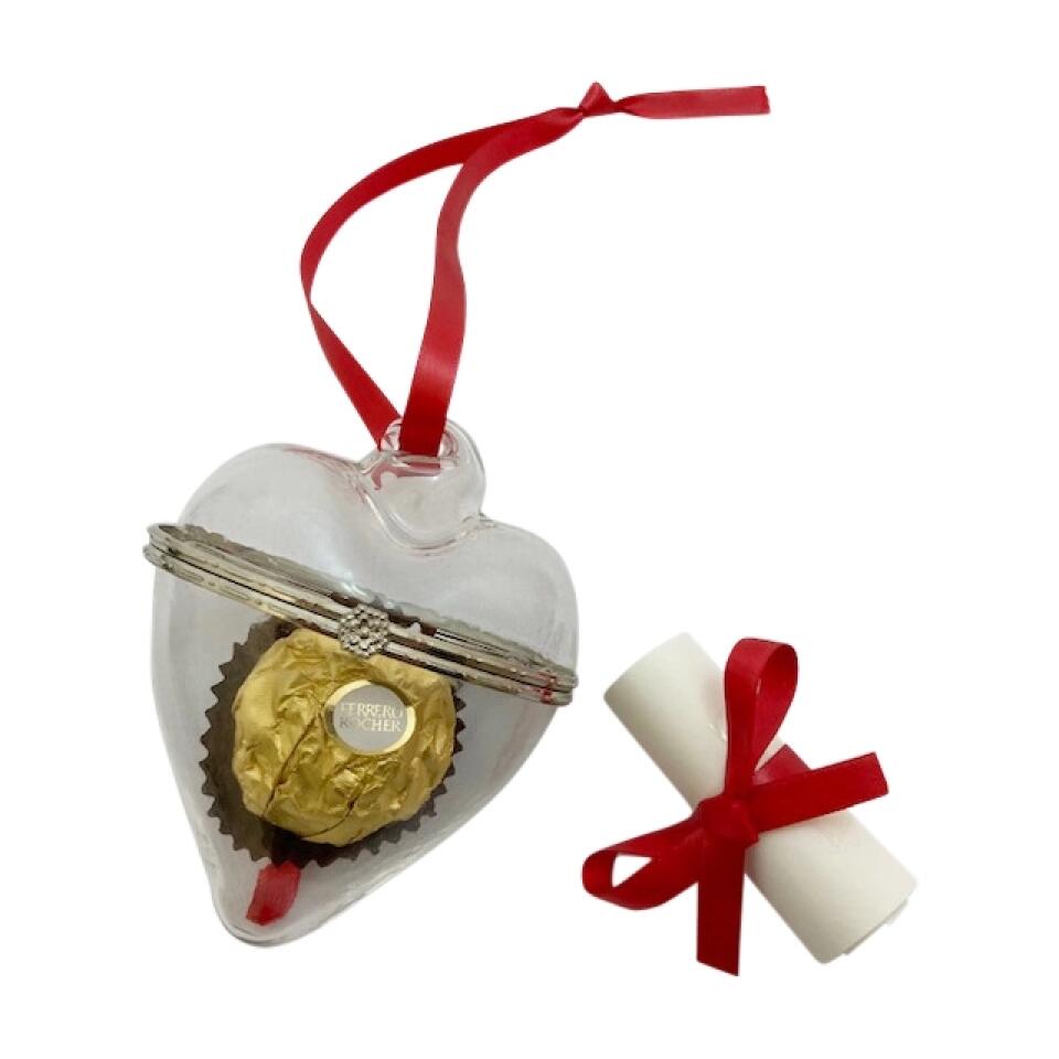 Glass Heart with Bow, Scroll & Chocolate - Write your heartfelt message NOW!
