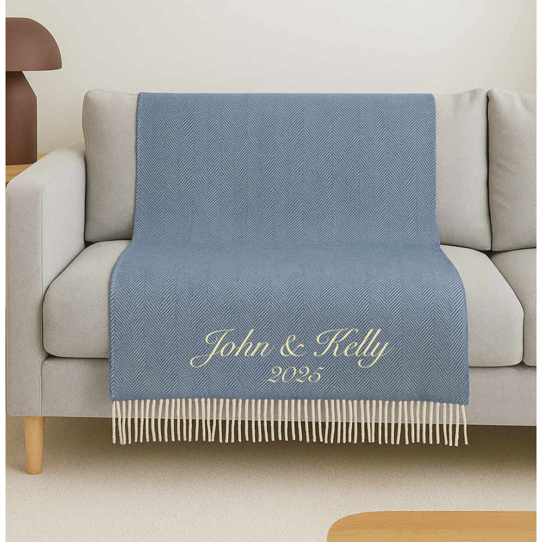 Personalised Throw by Foxford -Inishmore Denim Cashmere and Lambswool IRISH LUXURY