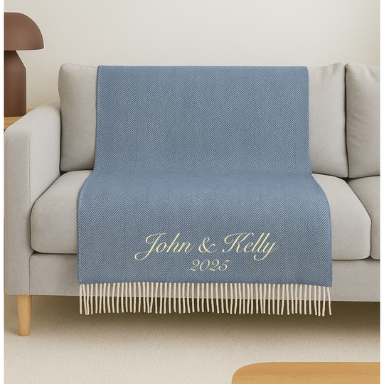 Personalised Throw by Foxford -Inishmore Denim Cashmere and Lambswool IRISH LUXURY
