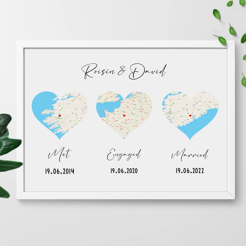 Personalised Milestone Maps Framed Print for Couples - Met, Engaged, Married
