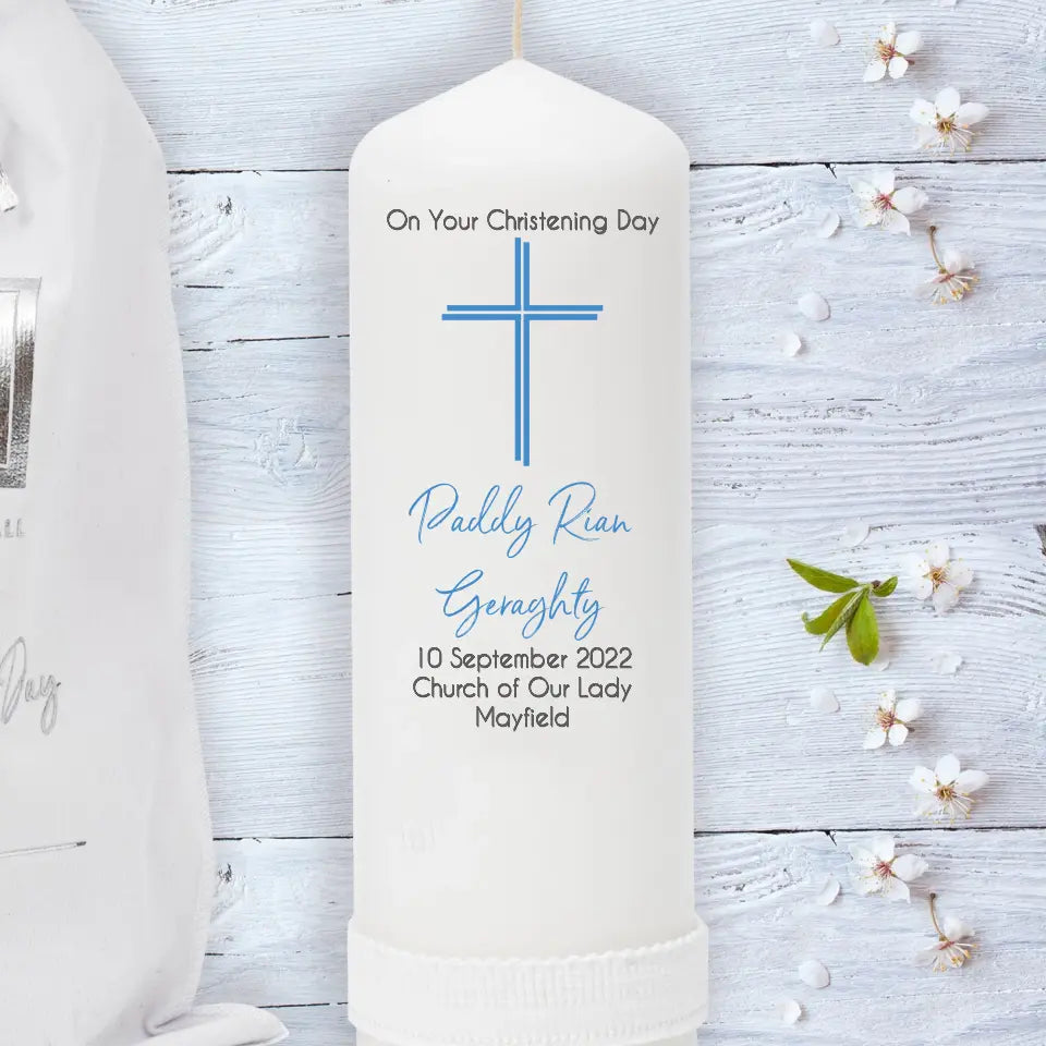 Personalised Christening Candle for Boys - Peaceful Cross