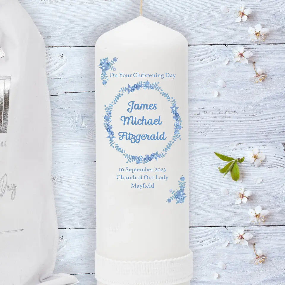 Personalised Christening Candle for Boys - Faith & Floral