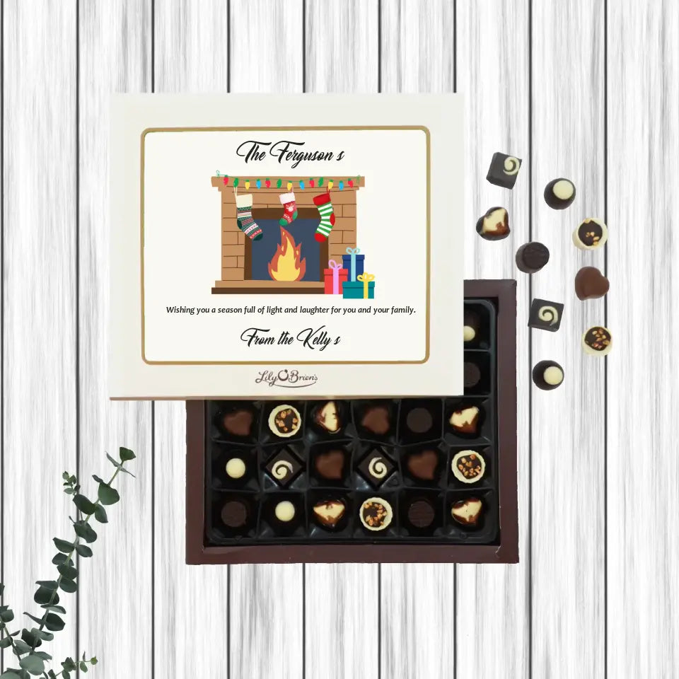 Personalised Box of Lily O'Brien's Chocolates for Christmas - Family at the Fireplace
