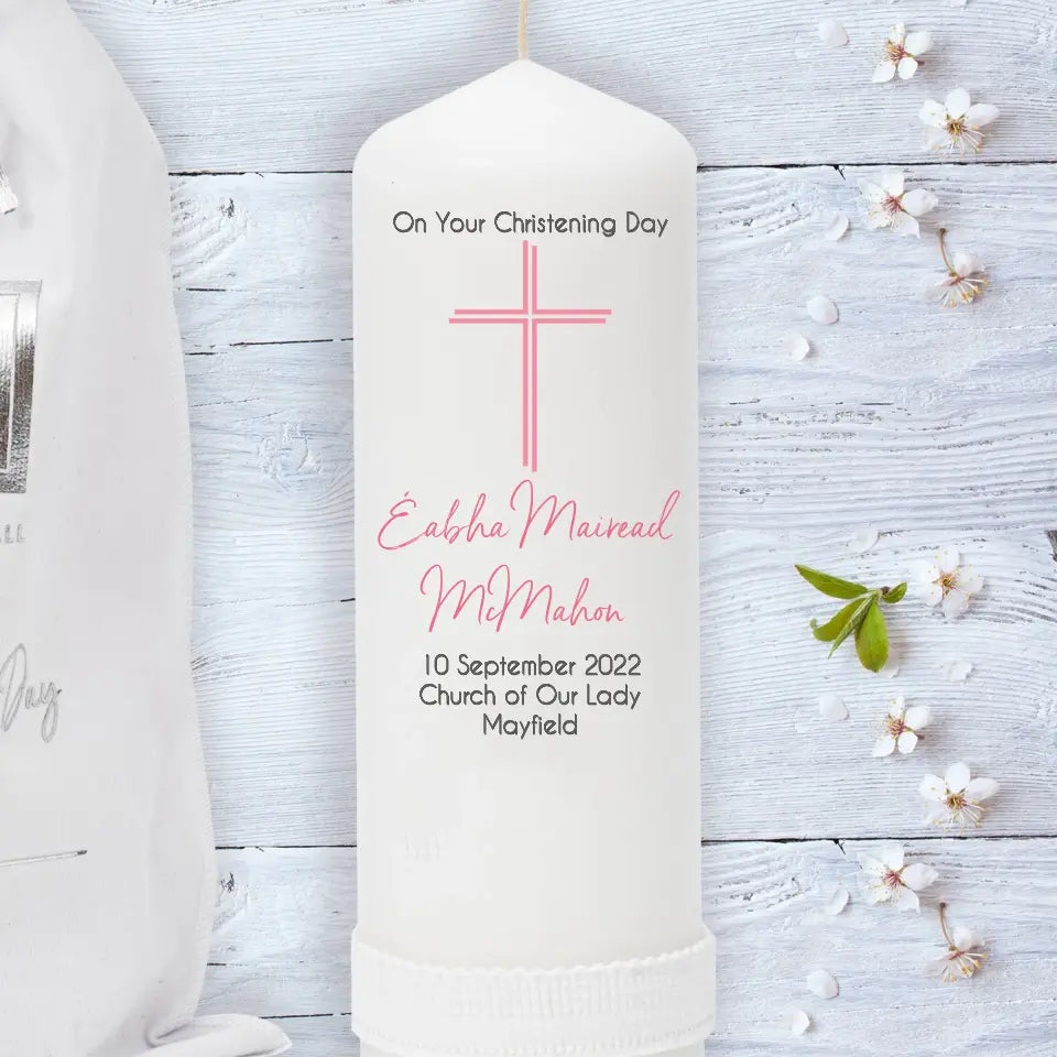 Personalised Christening Candle for Girls - Peaceful Cross