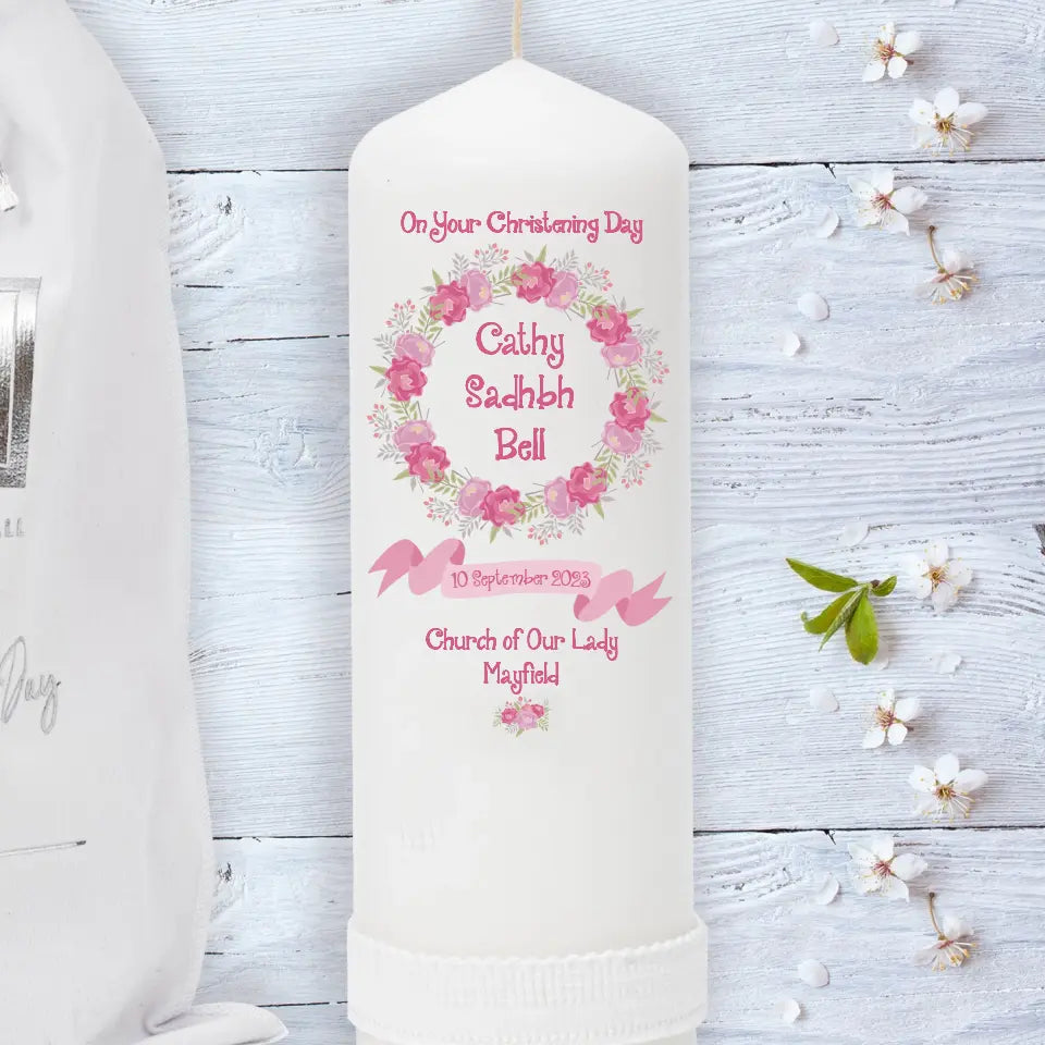 Personalised Christening Candle for Girls - Faith & Floral