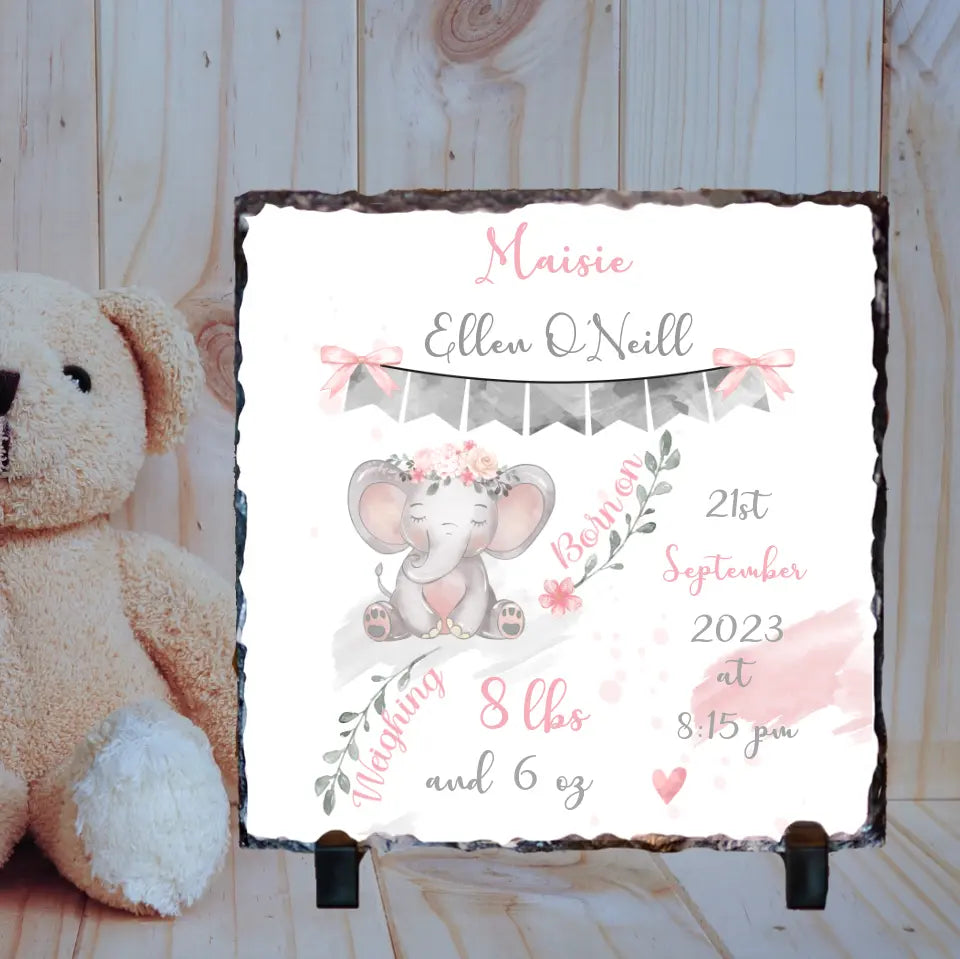 Personalised Slate for Baby Girl - Cute Elephant