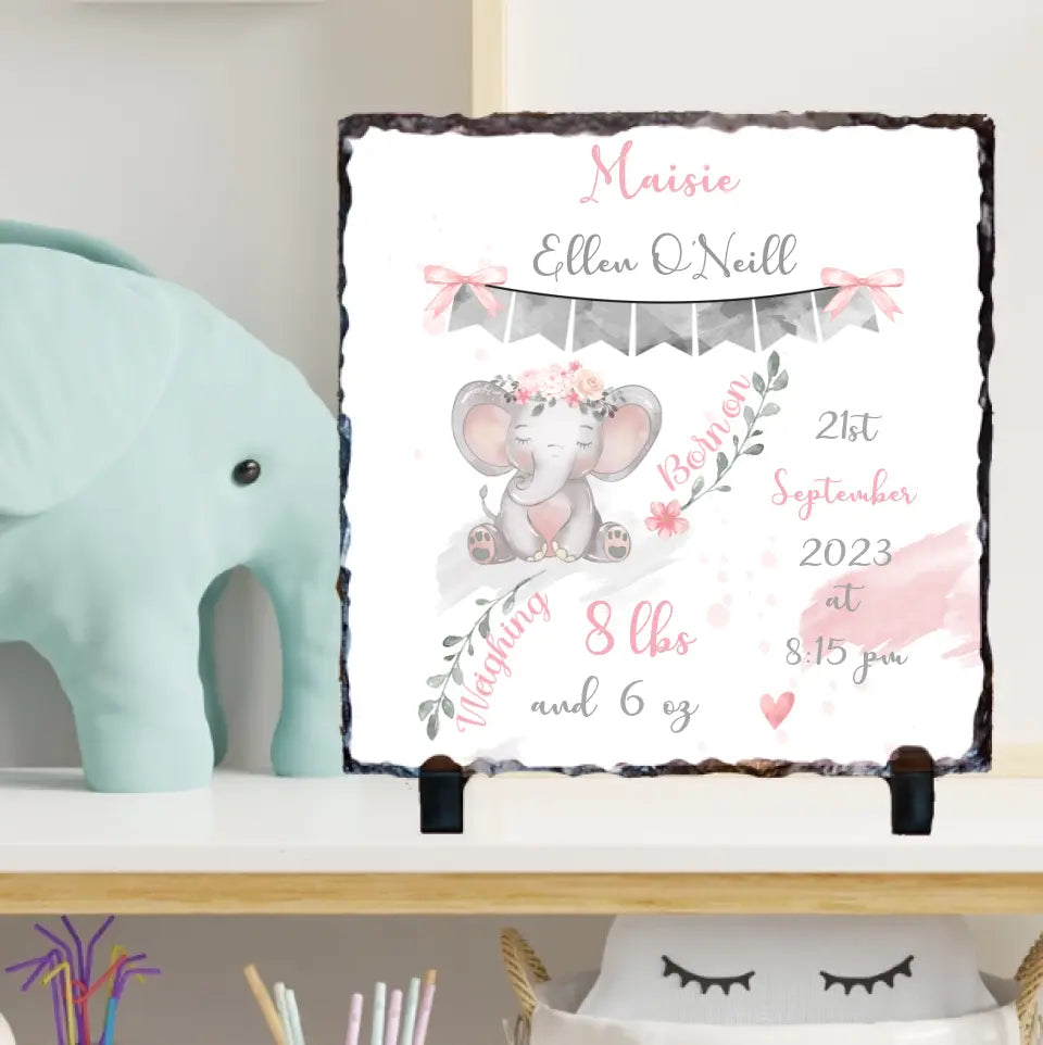 Personalised Slate for Baby Girl - Cute Elephant