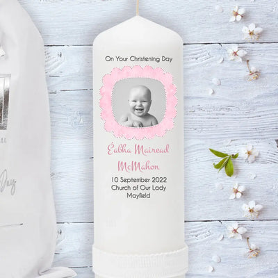 Personalised Christening Candle - Upload Your Own Image - Pink, Blue & Neutral Colours