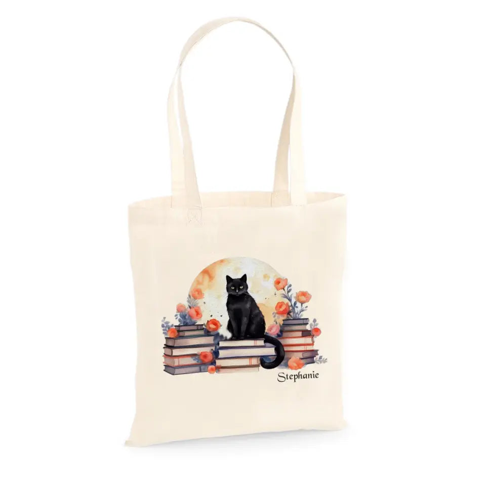 Personalised Halloween Tote Bag with Black Cat & Books