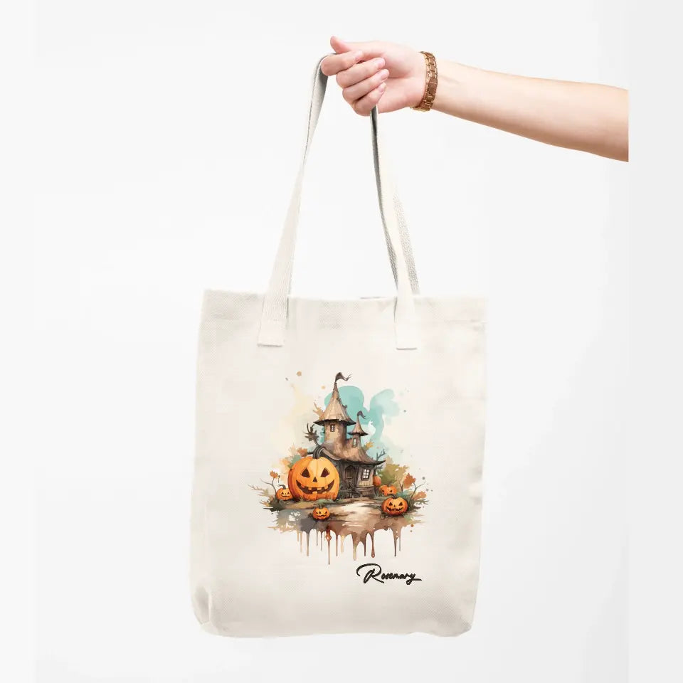 Personalised Halloween Tote Bag with Halloween House & Jack O'Lanterns