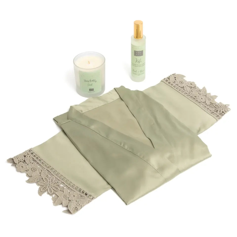 Personalised Candle Gift Set with Sage Satin Robe & Room Spray