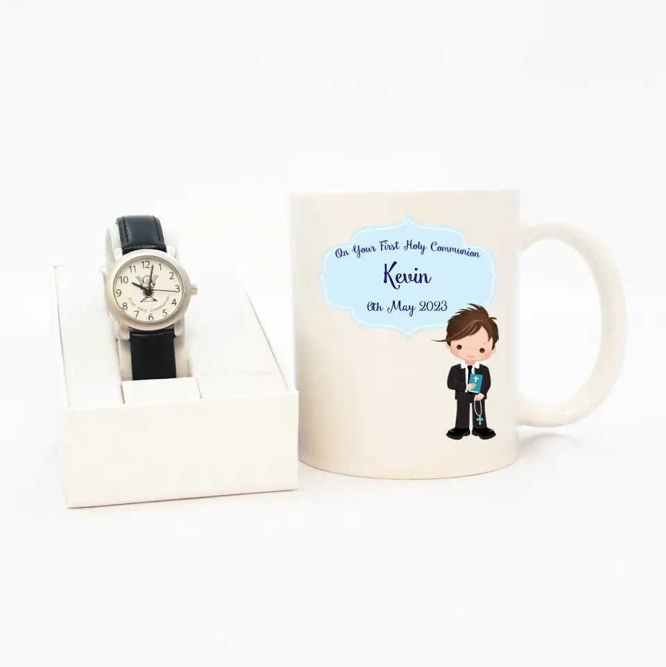 Personalised Communion Mug and Silver Plated Communion Watch for Boys - Style 1