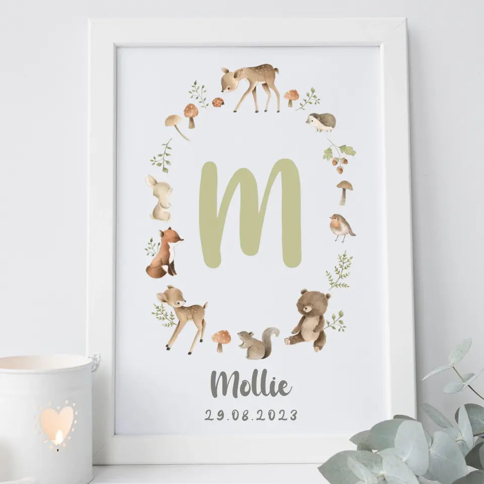 Personalised Baby Initial Frame - Woodland Animals