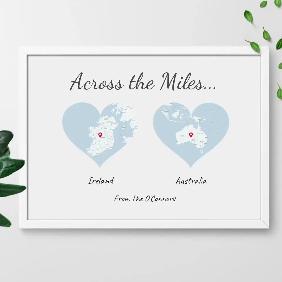 Personalised 'Across the Miles' Framed Print of Special Locations - Distance Makes the Heart Grow Fonder