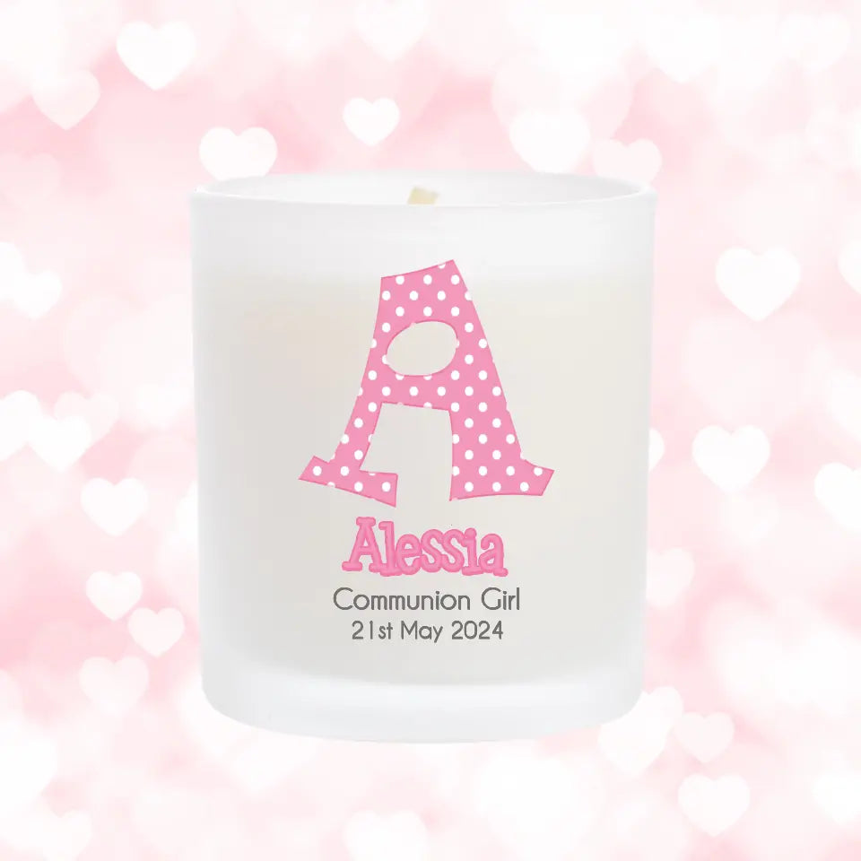 Personalised Communion Candle - Pink Polka Dots - Choose Your Initial