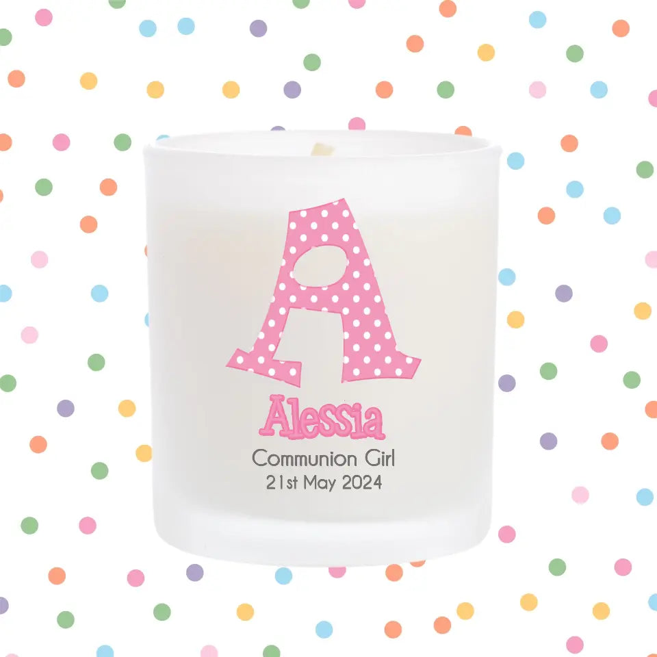 Personalised Communion Candle - Pink Polka Dots - Choose Your Initial