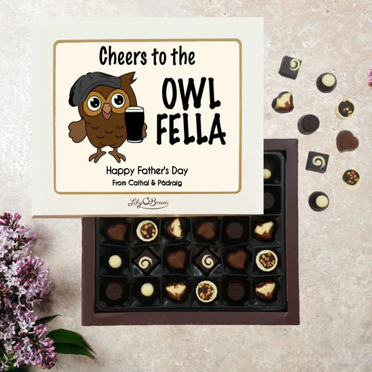 Personalised Box of Lily O'Brien's Chocolates for Men - Cheers to the Owl Fella