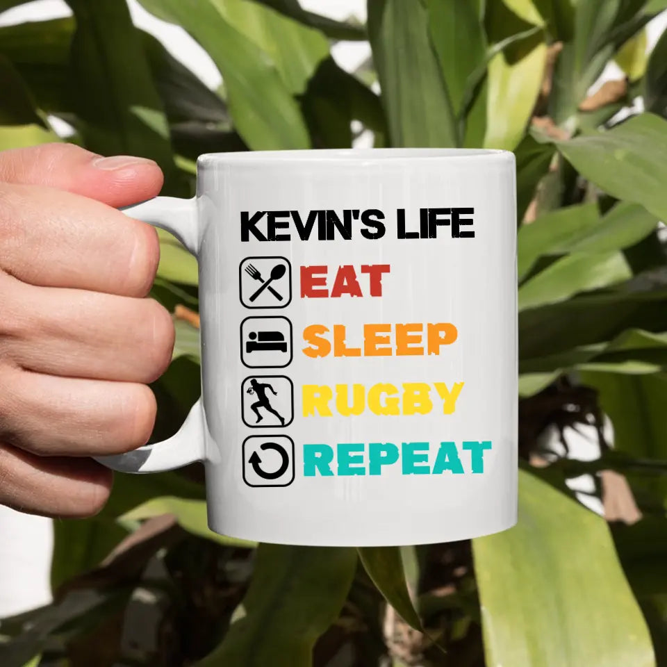 Personalised Rugby Mug for Men - Eat, Sleep, Rugby, Repeat