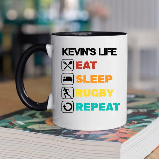 Personalised Rugby Mug for Men - Eat, Sleep, Rugby, Repeat