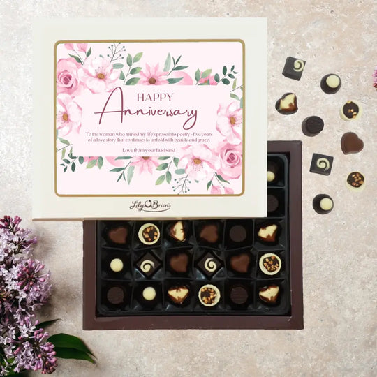 Personalised Box of Lily O'Brien's Chocolates for Wedding Anniversary - Pink Flowers