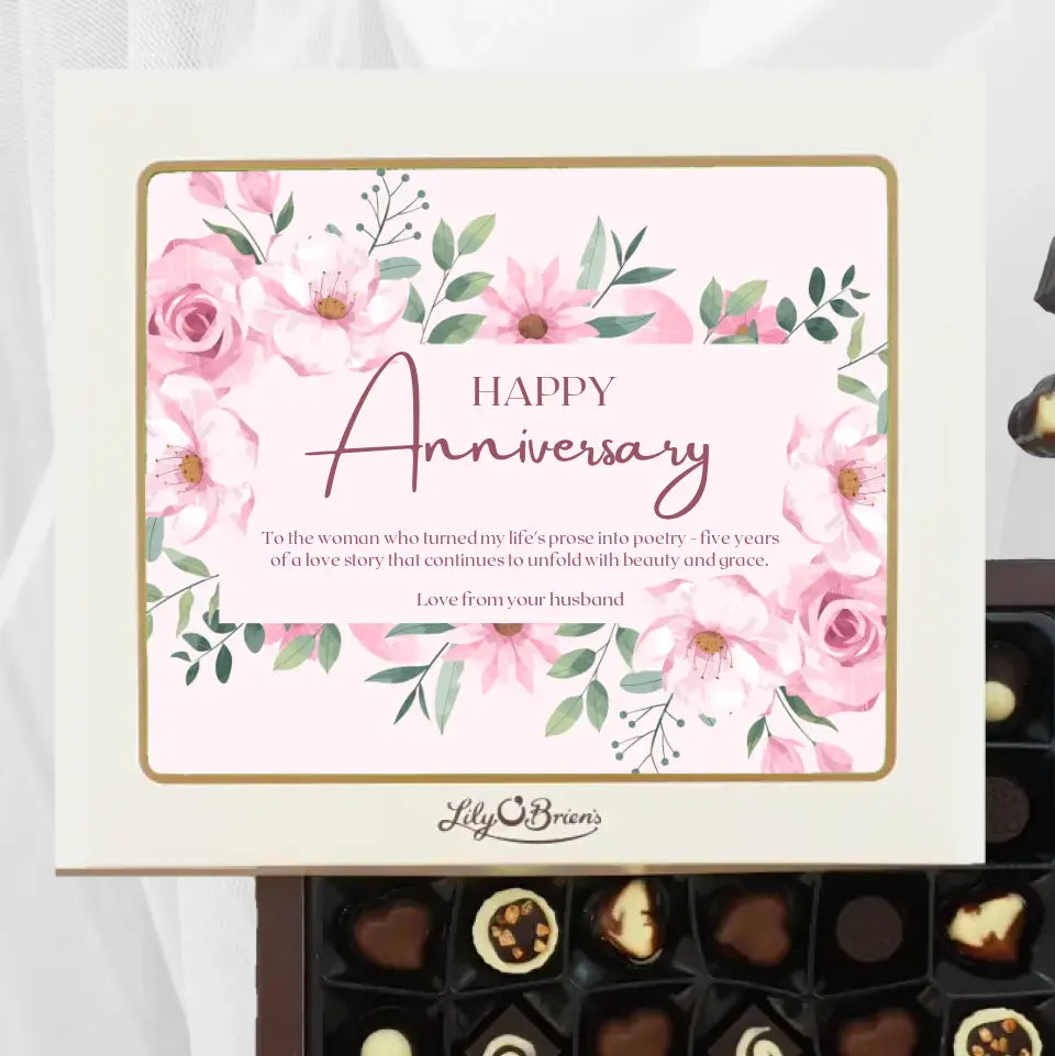 Personalised Box of Lily O'Brien's Chocolates for Wedding Anniversary - Pink Flowers