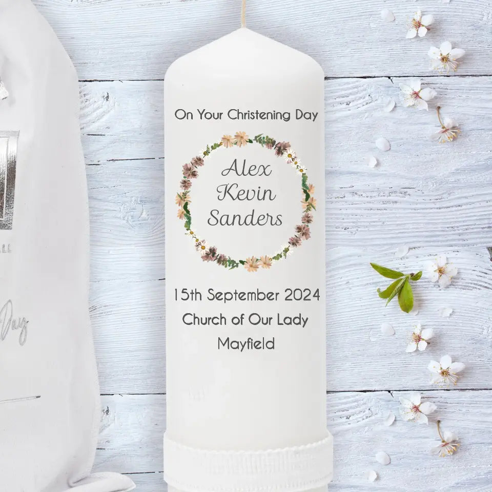 Personalised Christening Candle - Neutral Wreath