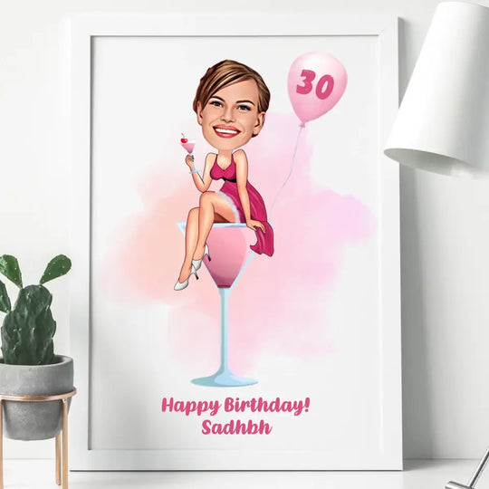 Personalised Birthday Framed Print for Women with Caricature - Cocktail Glass