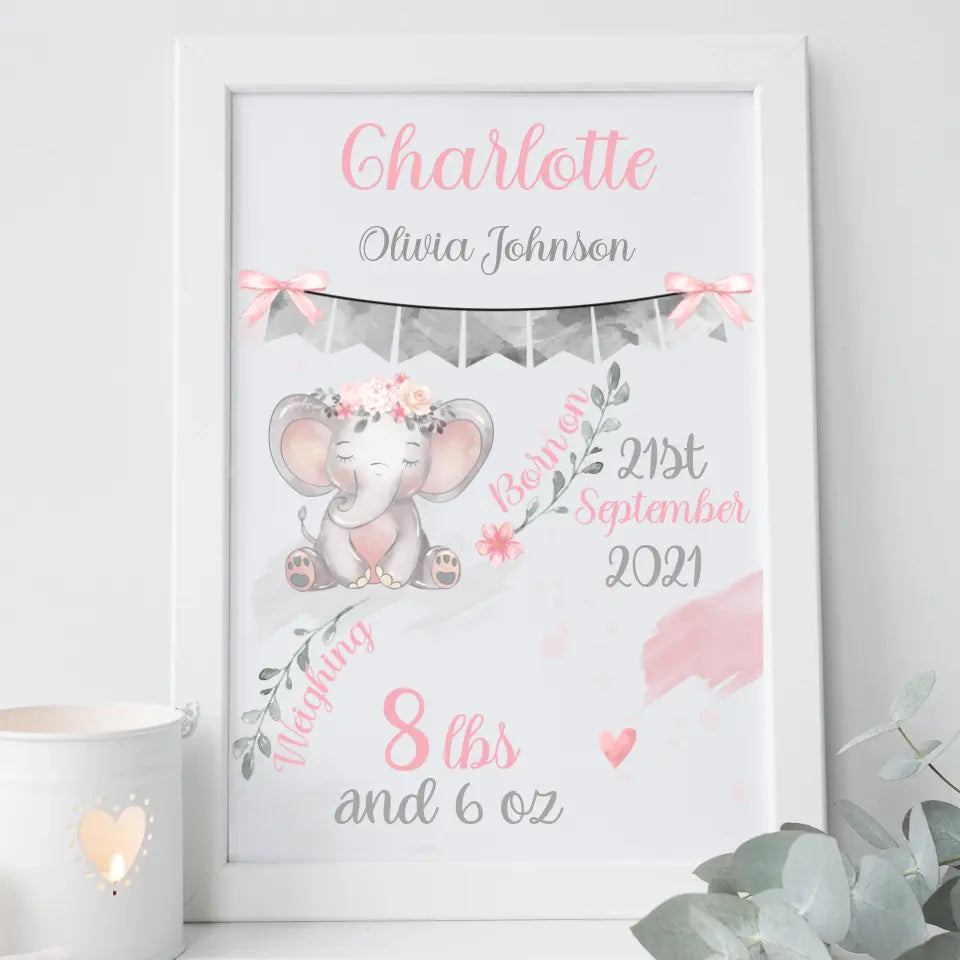 Personalised Baby Frame for Girls - Elephant