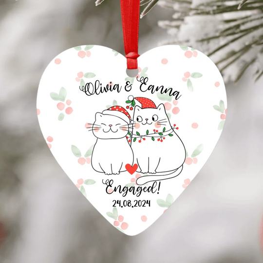 Personalised Heart Ornament - Engaged Christmas Cats