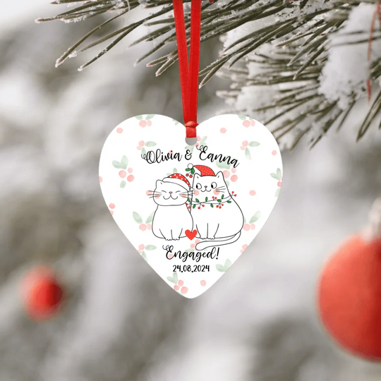 Personalised Heart Ornament - Engaged Christmas Cats