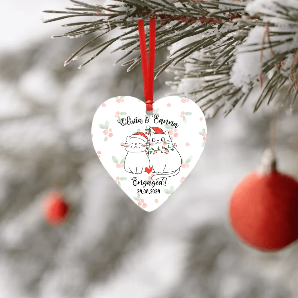 Personalised Heart Ornament - Engaged Christmas Cats