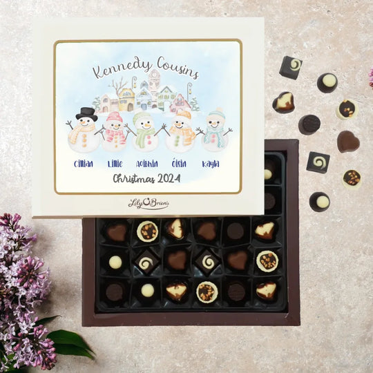 Personalised Box of Lily O'Brien's Chocolates for Christmas - Smiley Snowmen